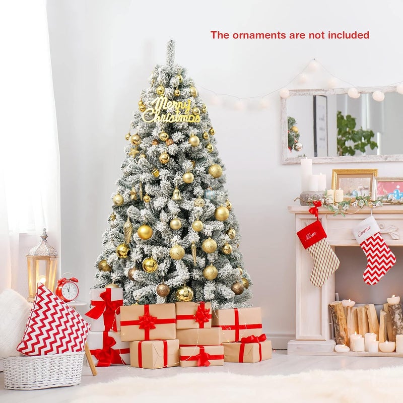 Costway 6 FT Snow Flocked Christmas Tree, Artificial Holiday Hinged Pine Tree with 600 Branch Tips, Solid Metal Stand, Premium Xmas Full Fake Tree for Home, Office, Party Decoration - Image 2
